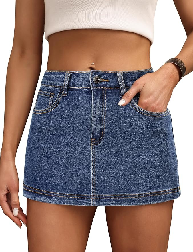 Denim Skort for Women High Waist Mini Denim Skirt Casual Stretch Women Jean Skirt with Pockets | Amazon (US)