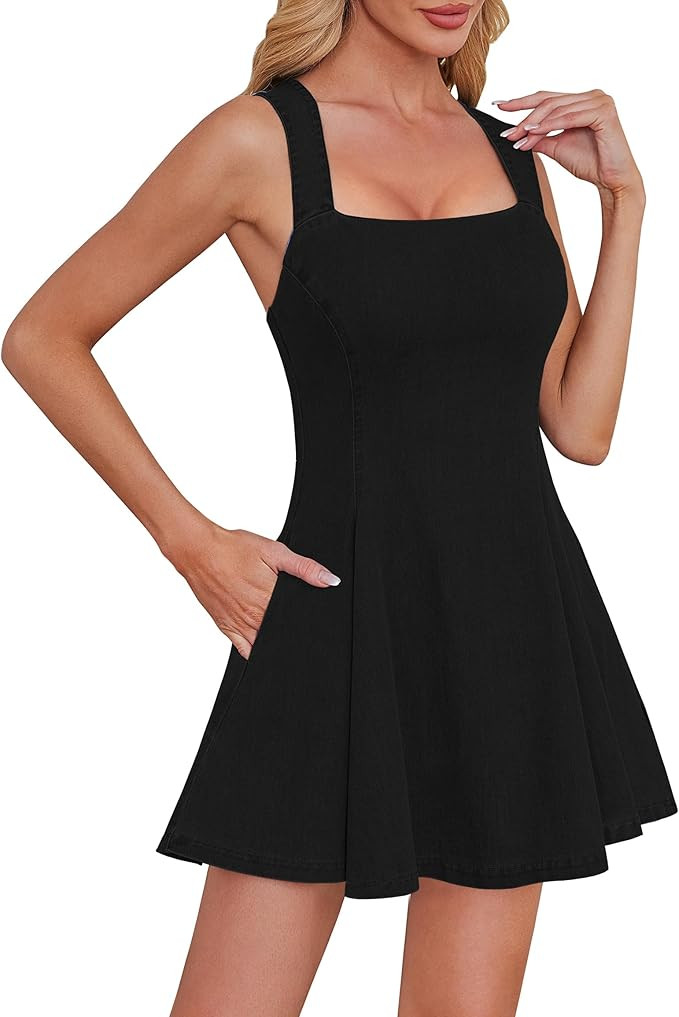 Denim Dress for Women Square Neck Jean Dress with Pockets | Amazon (US)