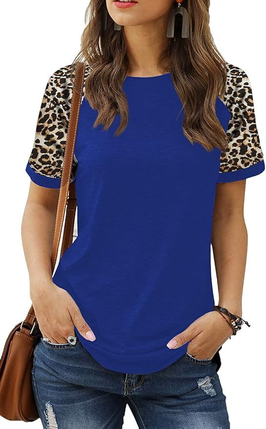 HARHAY Women's Leopard Print Color Block Tunic Round Neck Long Sleeve Shirts Striped Causal Blous... | Amazon (US)