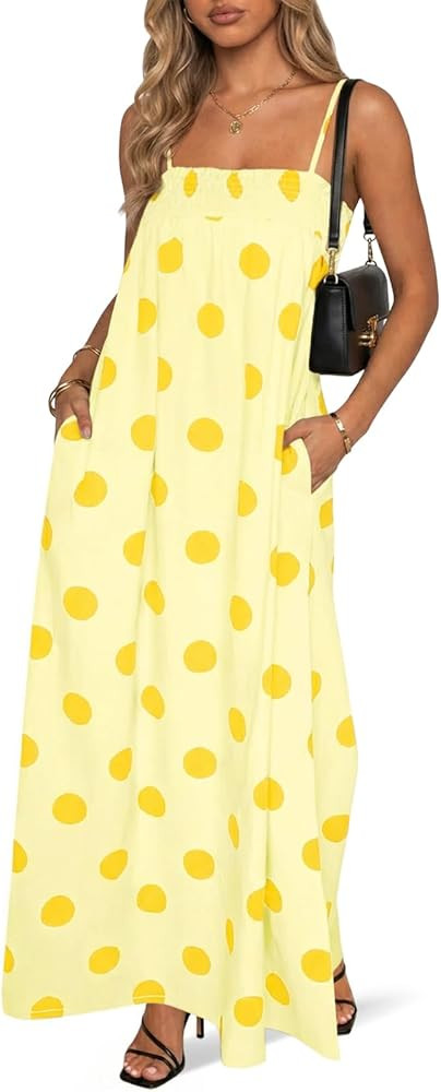 Wenrine Womens Summer Polka Dot Maxi Dress Casual Spaghetti Strap Smocked Loose Vacation Beach Dr... | Amazon (US)