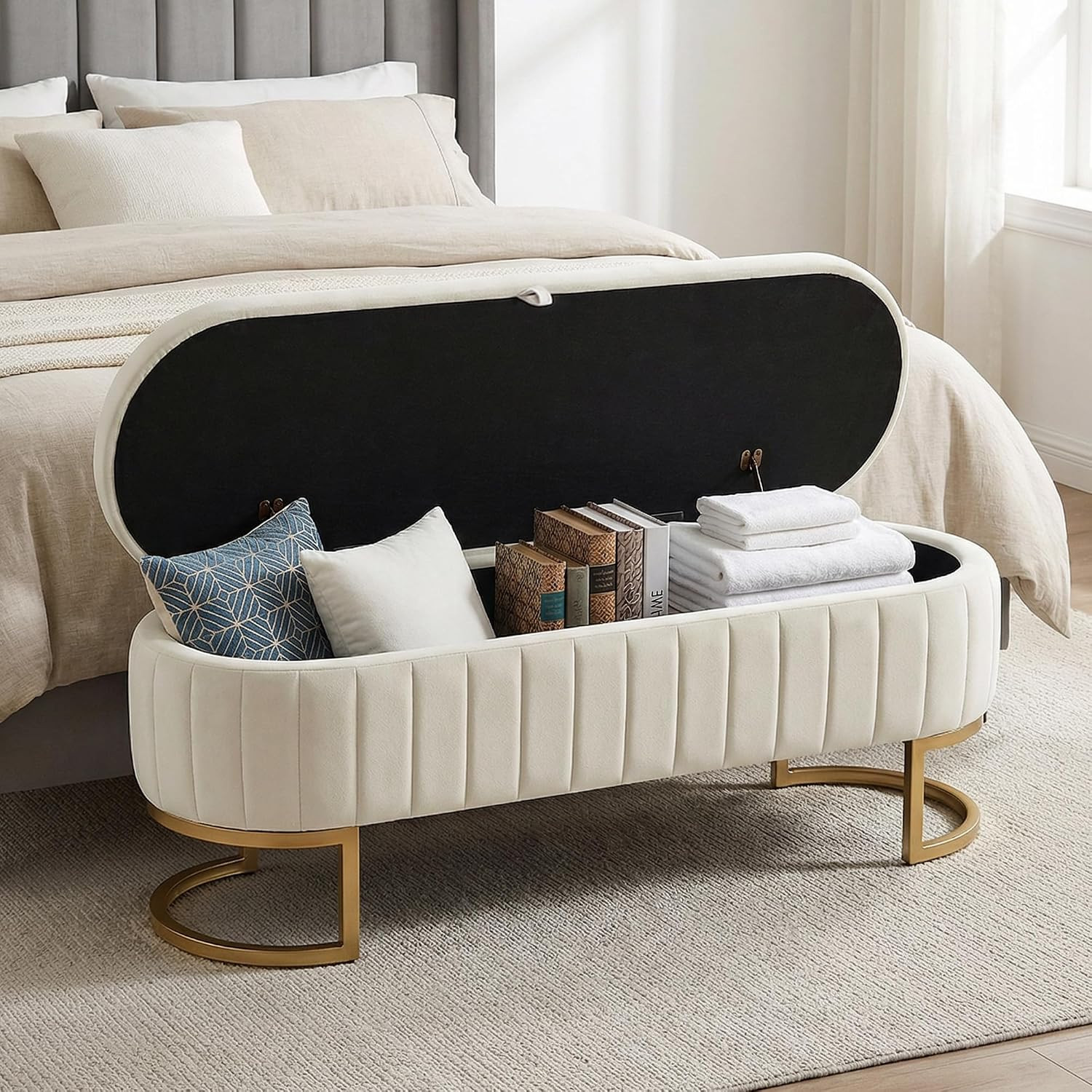 51" Velvet Storage Ottoman Bench End of Bed for Bedroom Entryway Beige | Amazon (US)