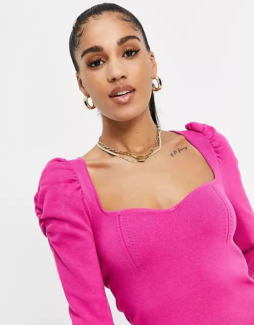 ASOS DESIGN jumper with sweetheart neck and puff shoulder detail in pink | ASOS (Global)