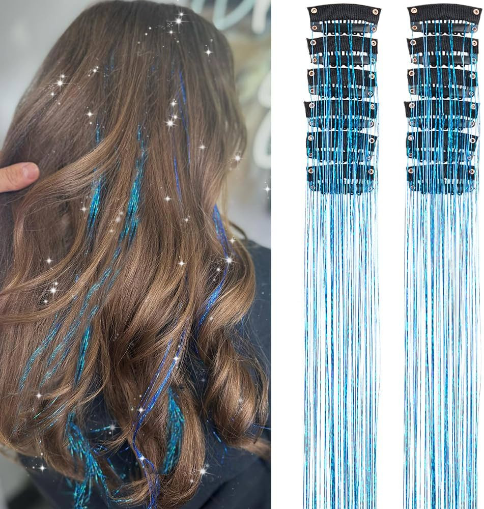 Sky Blue Fairy Hair Tinsel Kit Pack of 12 Pcs Clip in Hair Tinsel Kit 20 Inch Glitter Blue Tinsel... | Amazon (US)