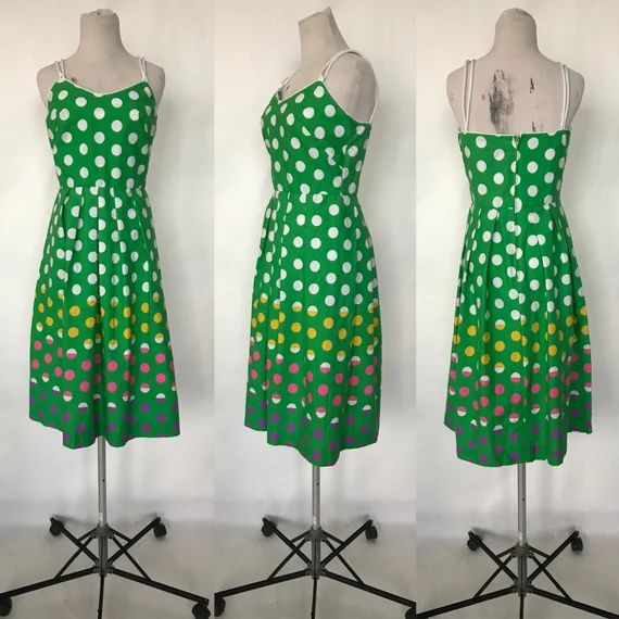 Vintage 70s Jenni Green & White Polka Dot Sleeveless Sundress Summer Dress / Women's Size Small S... | Etsy (US)