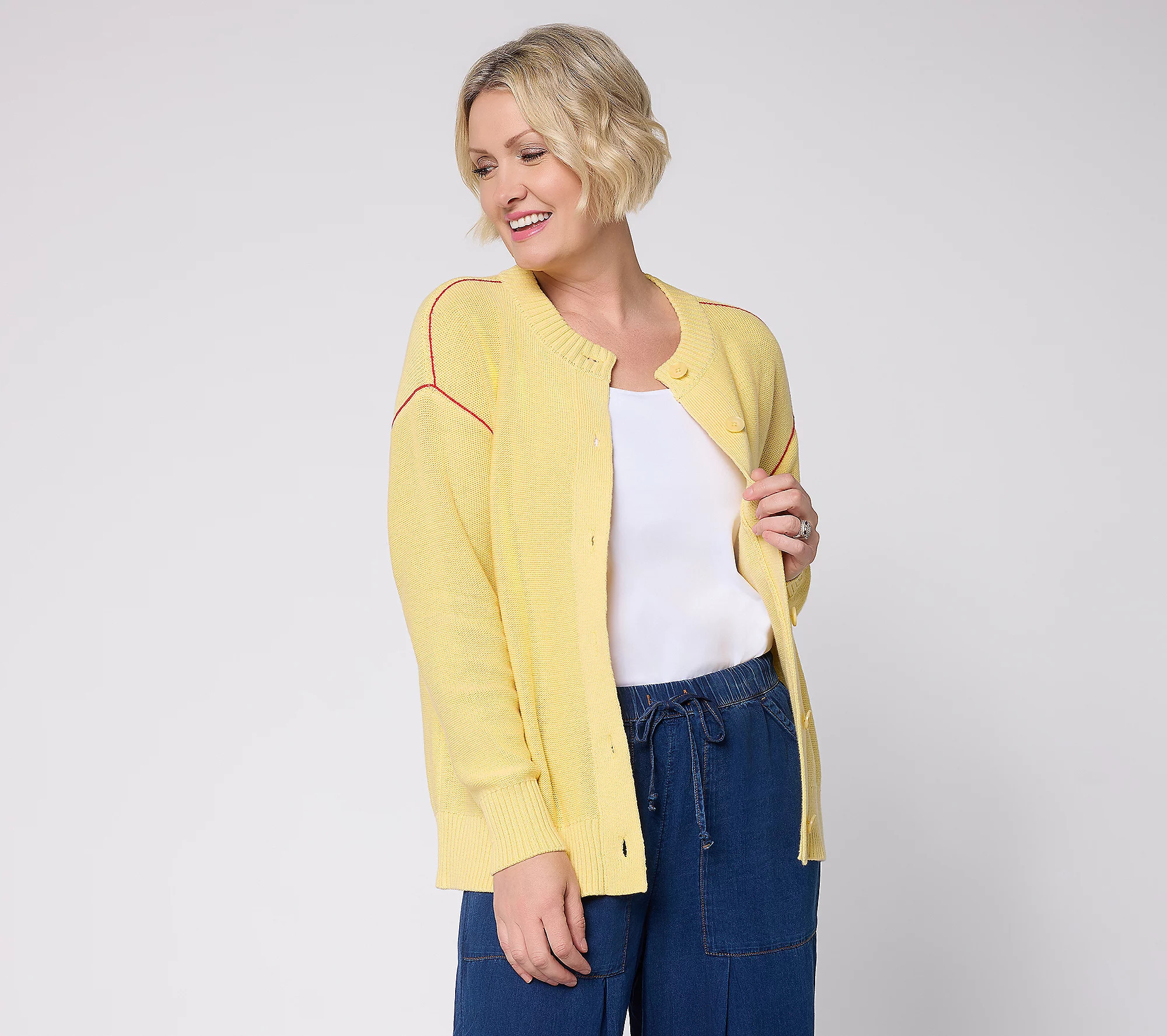 Peace Love World Relaxed 100% Cotton Cardigan w Contrast Stitch | QVC
