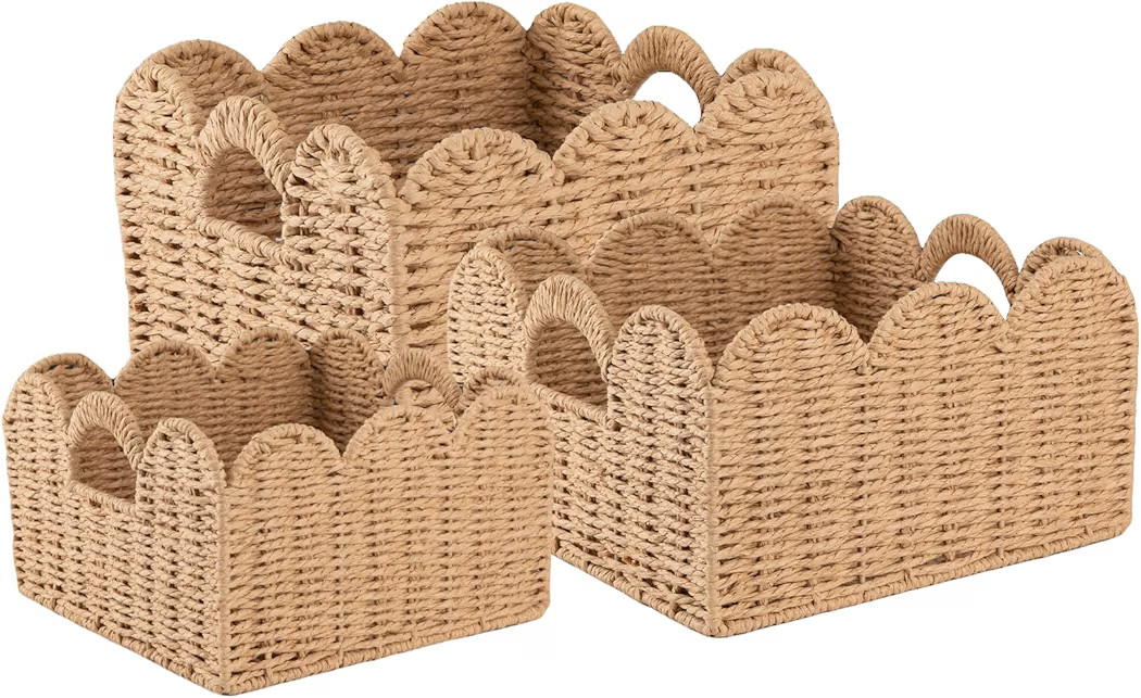 OIAHOMY Scalloped Wicker Baskets, Hand-woven Storage Baskets with Built-in Handles, Paper Rope Sh... | Amazon (US)