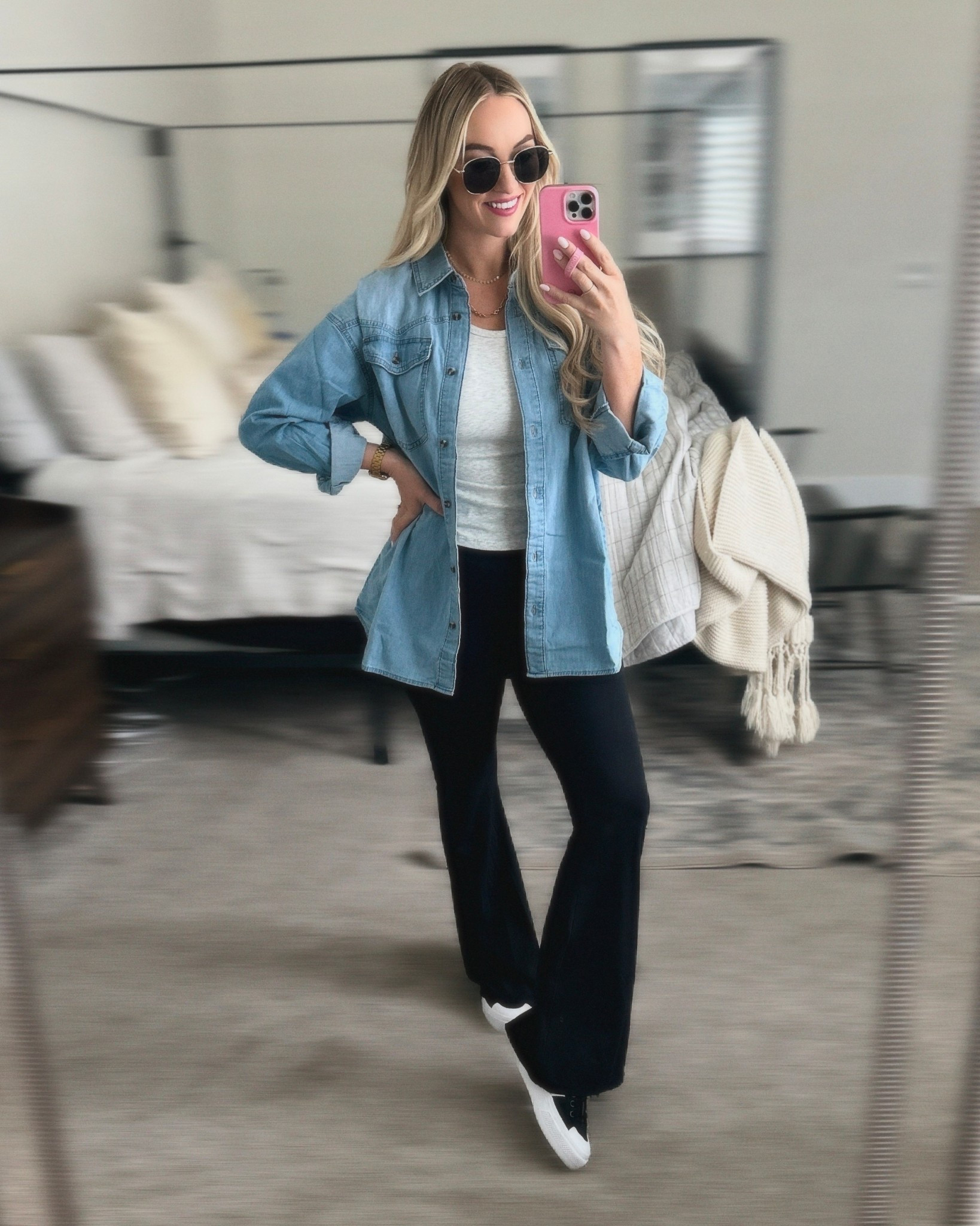early fall outfit inspo 🩵 can’t go wrong with a light chambray. love that this one isn’t restricting, the perfect blue color, and only $25! 

walmart finds, sahm outfit, airport/travel outfit, comfy chic

#LTKFindsUnder50