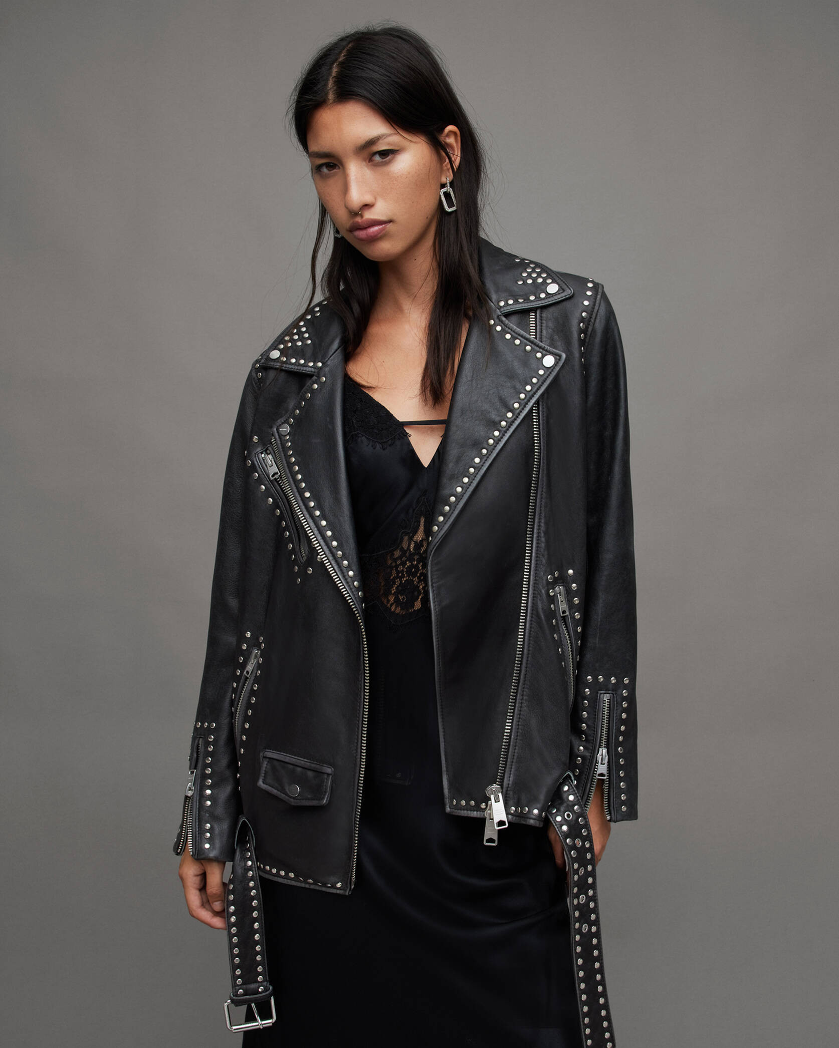Billie Leather Rocker Studded Biker Jacket Washed Black | ALLSAINTS US | AllSaints US