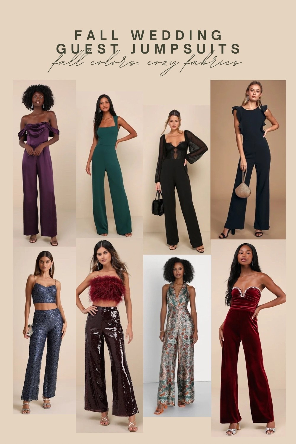 Fall wedding guest dress - jumpsuit edition! I own two of these and I feel INCREDIBLE in them! There’s something so empowering and sexy feeling about a formal jumpsuit 💙 
These warm fall colors are beautiful for fall or winter weddings and events 🤎
#wedding #jumpsuits #guests #LTKFinds #weddingguest 

#LTKParties #LTKFindsUnder100 #LTKWedding