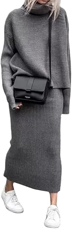 chouyatou Women's Turtleneck 2 Piece Outfits Ribbed Knit Sweater Midi Pencil Skirt Set | Amazon (US)