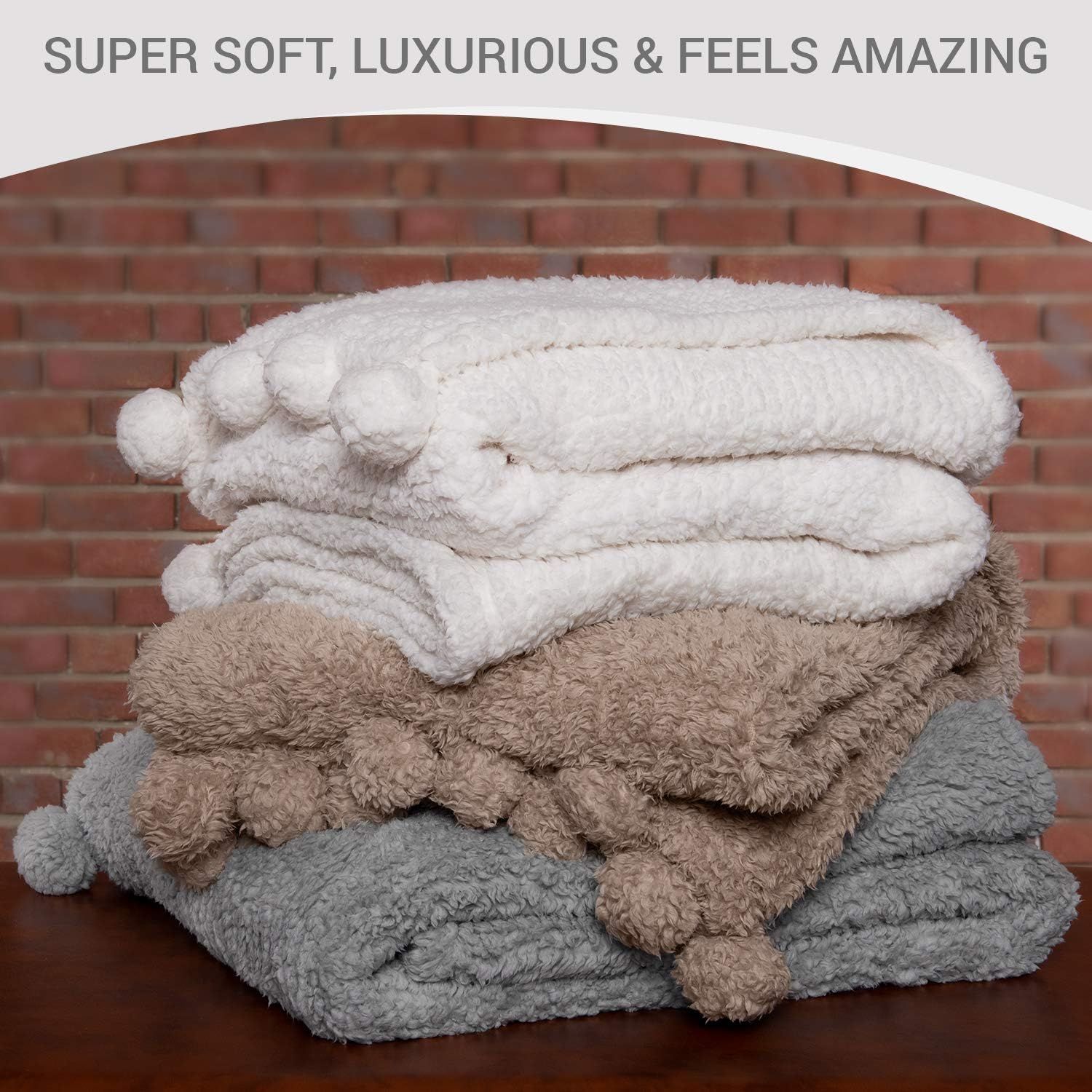 Throw Blanket for Couch - 50x60, Grey with Pom Poms - Fuzzy, Fluffy, Plush, Soft, Cozy, Warm Flee... | Amazon (US)