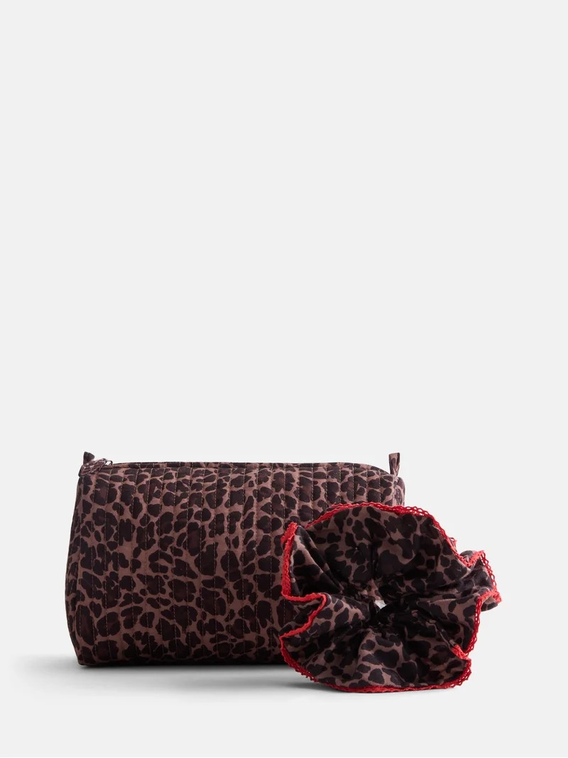 No Boundaries Quilted Pouch with Hair Scrunchie Set, 2-Piece, Women's, Leopard | Walmart (US)