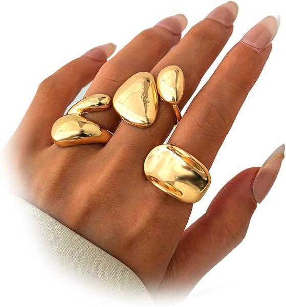 Chunky Gold Statement Ring for Women Adjustable Thick Stackable Teardrop Dome Bold Rings Polished... | Amazon (US)