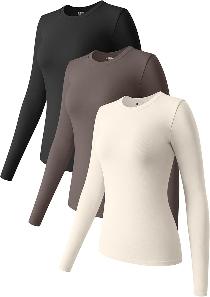 OQQ Womens 3 Piece Long Sleeve Tops Crew Neck Stretch Fitted Underscrubs Layer Tee Shirts 2025 Ca... | Amazon (US)