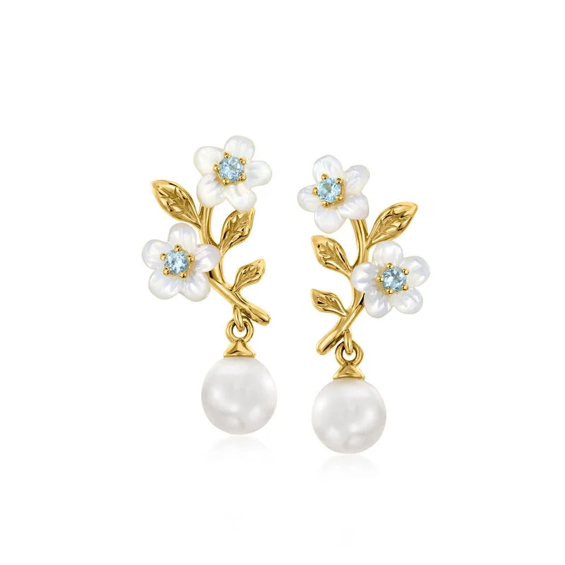 Mother-of-Pearl and 6-6.5mm Cultured Pearl Floral Drop Earrings with .10 ct. t.w. Swiss Blue Topa... | Ross-Simons