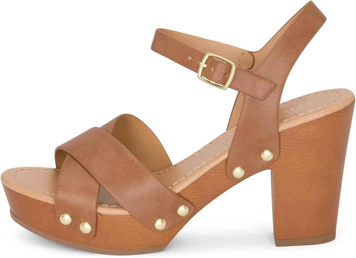 STYLISH S SHIFT - Womens Open Toe Studded Double Cross Band Ankle Strap Faux Wood Platform Heel S... | Amazon (US)