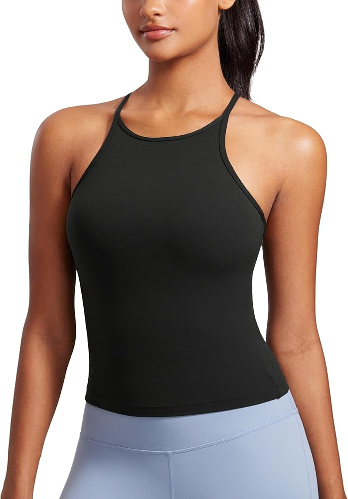 CRZ YOGA Butterluxe Womens Y Back Workout Crop Tank Top with Built in Shelf Bra - Padded Halter H... | Amazon (US)