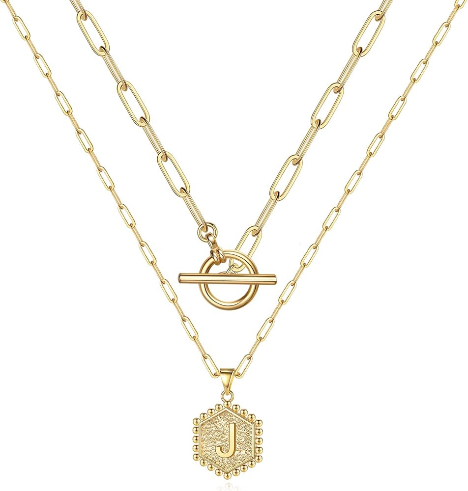 M MOOHAM Unisex Adults 14KHGE Brass Initial Necklace, Gold Plated Layered Hexagon Toggle Clasp Layer | Amazon (US)