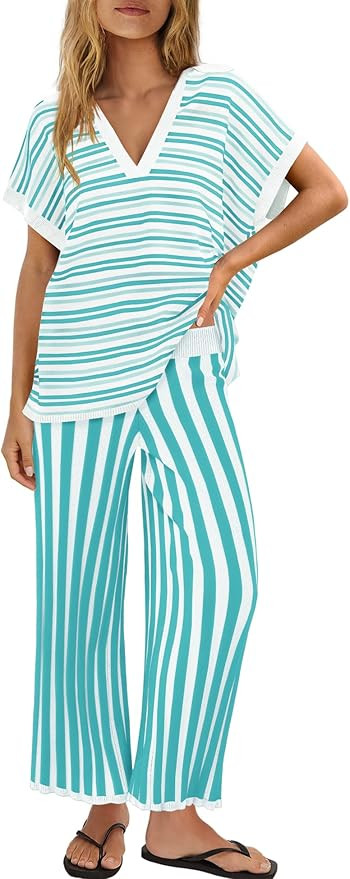 ReachMe Womens Striped Lounge Sets Summer Travel Sets 2 Piece Beach Vacation Outfits Short Sleeve... | Amazon (US)
