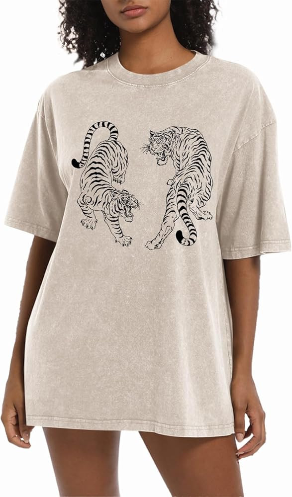 Tiger Graphic Tees Shirt for Women Oversized Streetwear Shirts Acid Wash Tshirt Tigers Print Cott... | Amazon (US)