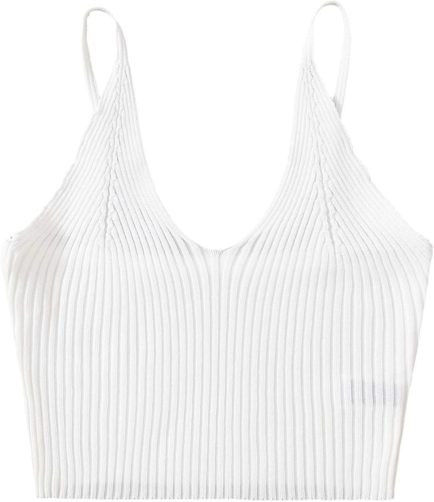 SweatyRocks Women's V Neck Crop Cami Top Ribbed Knit Spaghetti Strap Sleeveless Vest | Amazon (US)