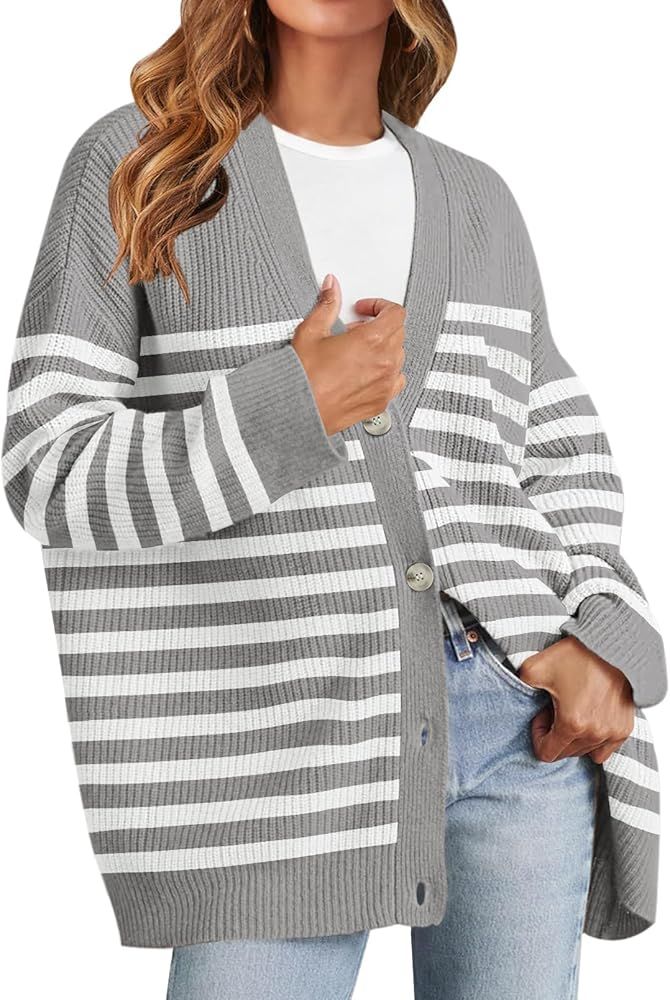 MEROKEETY Women's Oversized Striped Cardigan Sweaters 2024 Open Front Button V Neck Knit Outerwea... | Amazon (US)