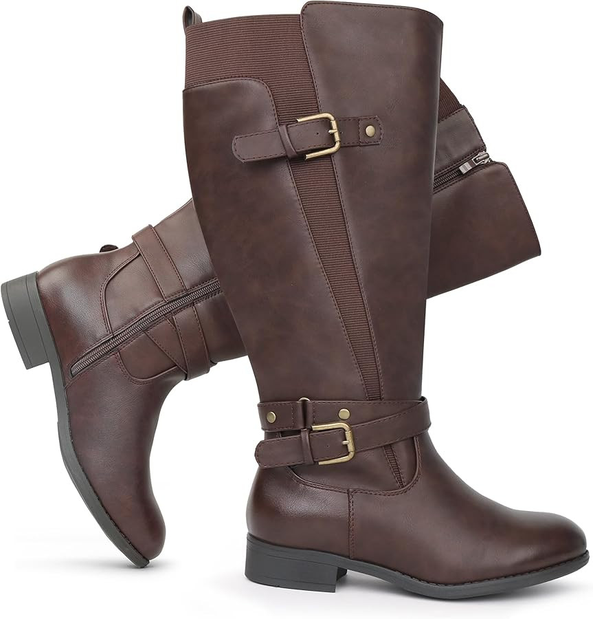 Damen Reitstiefel mit extra breitem Schaft, niedrigem Absatz, Knöchelriemen, schlankes Design, k... | Amazon (DE)