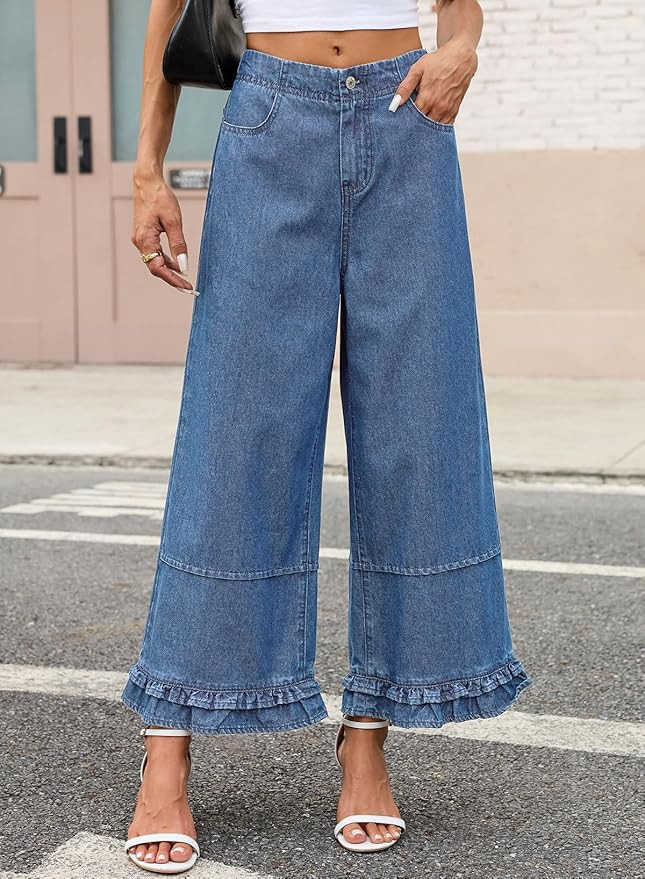 EVALESS Womens Wide Leg Jeans Ruffle Hem Denim Pants | Amazon (US)