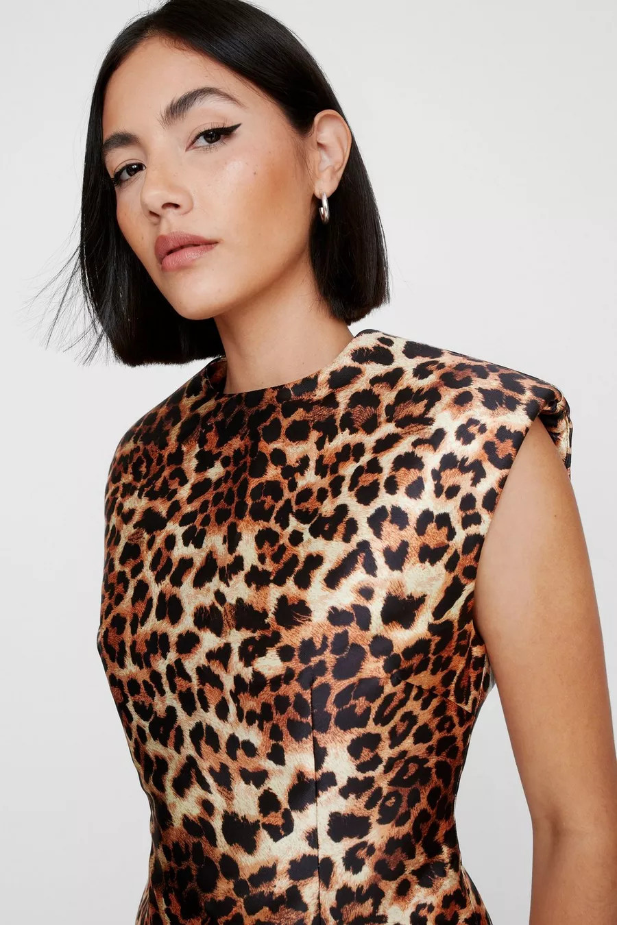 Leopard Structured Satin Shoulder Pad Side Split Mini Dress | Nasty Gal US