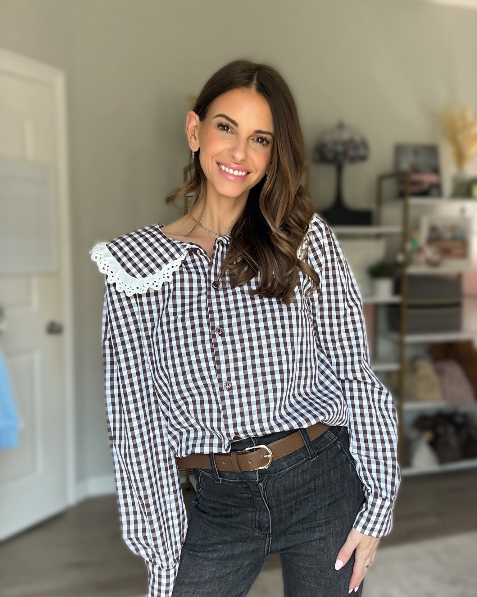 Fall blouse from Amazon. This top has an oversized collar with lace trim detail. It buttons up the front and can be styled tucked in or out. I am wearing a size small and it’s a TTS fit

#LTKootd #LTKSeasonal #LTKPetite