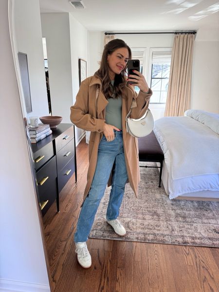 Casual but cute outfit inspo! Size S coat & bodysuit & jeans fit TTS (25R). Size down a 1/2 size in the sneakers if between.