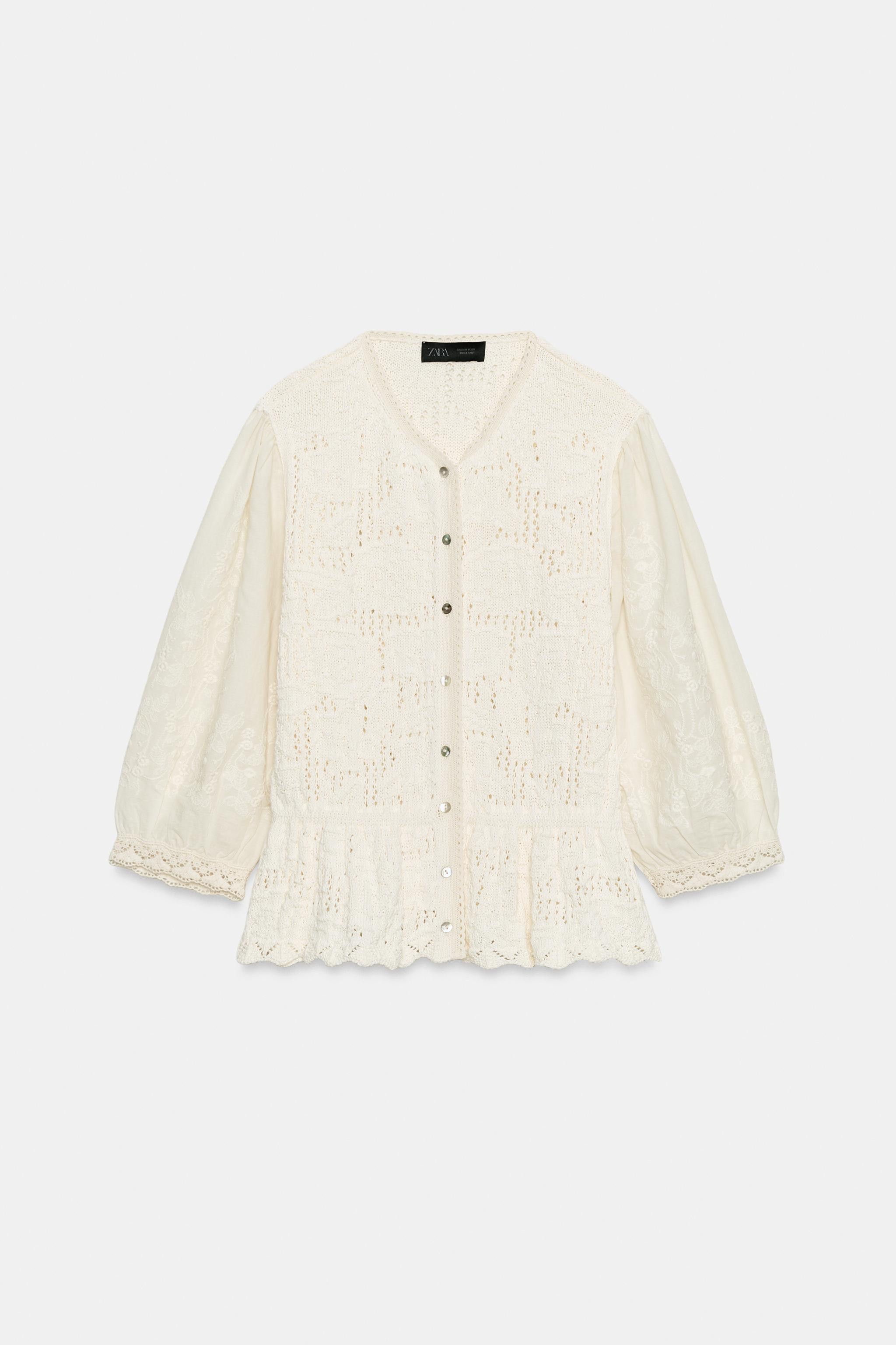 Round neck cardigan with sleeves below the elbow and combined fabric. Button-up front. | Zara DE