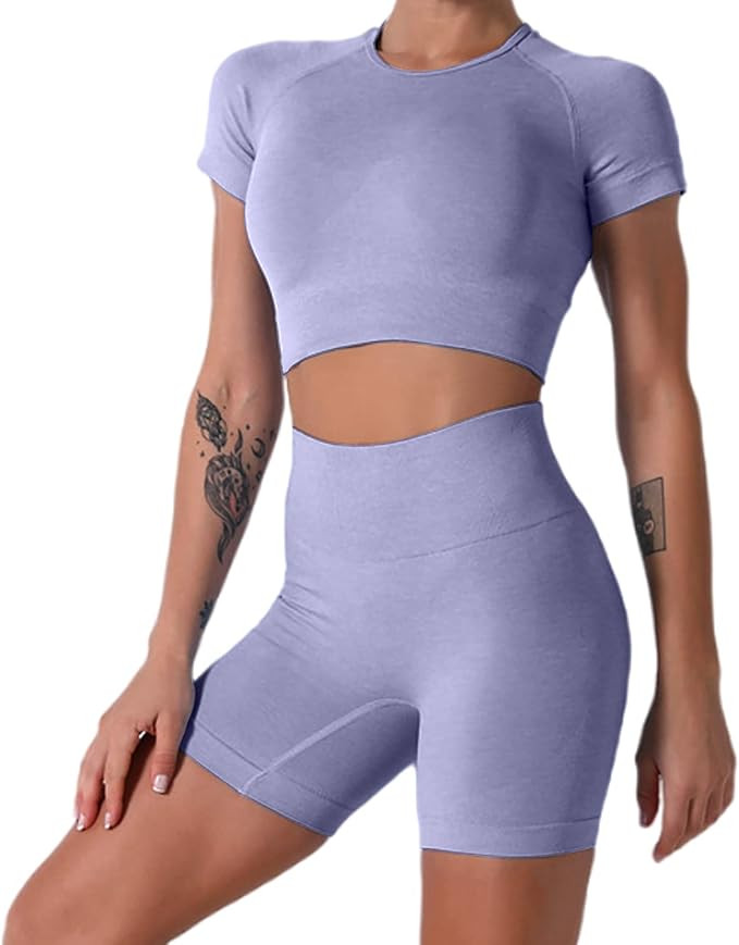 Nicytore Yoga Outfits for Women 2 Piece Set Tracksuit Seamless Short Sleeve Crop Top Workout Legg... | Amazon (US)