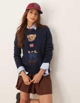 Polo Ralph Lauren flag bear knitted jumper in navy | ASOS (Global)