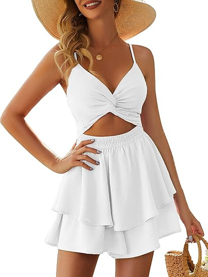 Women's Jumpsuit Sexy V Neck Twist Spaghetti Straps Double Layer Ruffle Hem Mini Short Romper | Amazon (US)