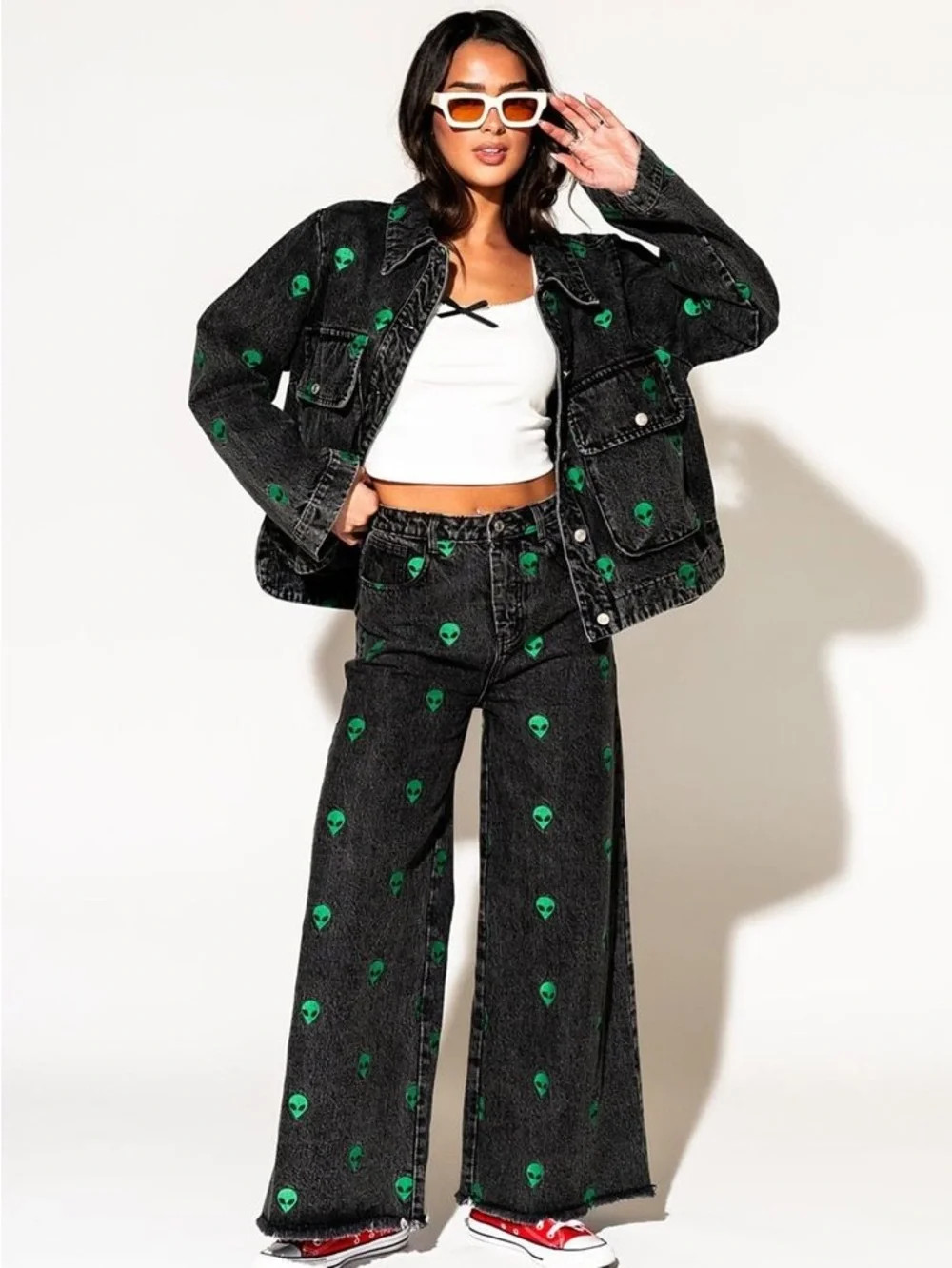 Dressed in LALA Black Wide-Leg Jeans with Green Alien Motif | Poshmark