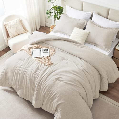CozyLux King Size Comforter Set - 3 Pieces Beige Soft Luxury Cationic Dyeing Bedding Comforter for All Season, Breathable Lightweight Fluffy Boho Bed Sets with 1 Comforter and 2 Pillow Shams | Amazon (US)