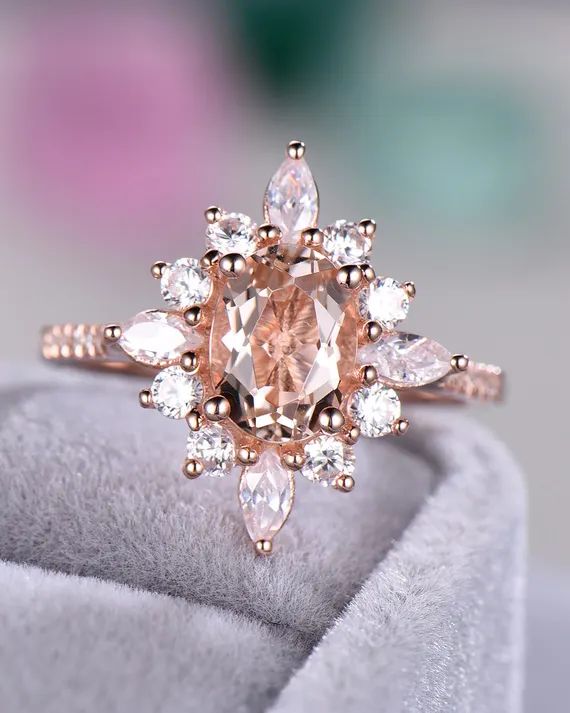 Morganite Engagement Ring Rose Gold CZ Diamond Halo 925 Sterling Silver Antique Vintage Wedding Ring | Etsy (US)
