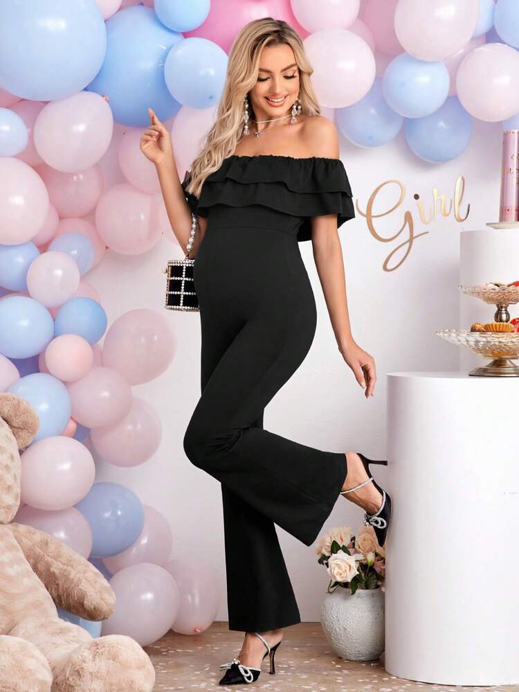 SHEIN Maternity Off Shoulder Ruffle Trim Flare Leg Jumpsuit | SHEIN
