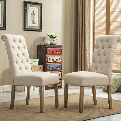Roundhill Furniture Habit Solid Wood Tufted Parsons Dining Chair (Set of 2), Tan | Amazon (US)