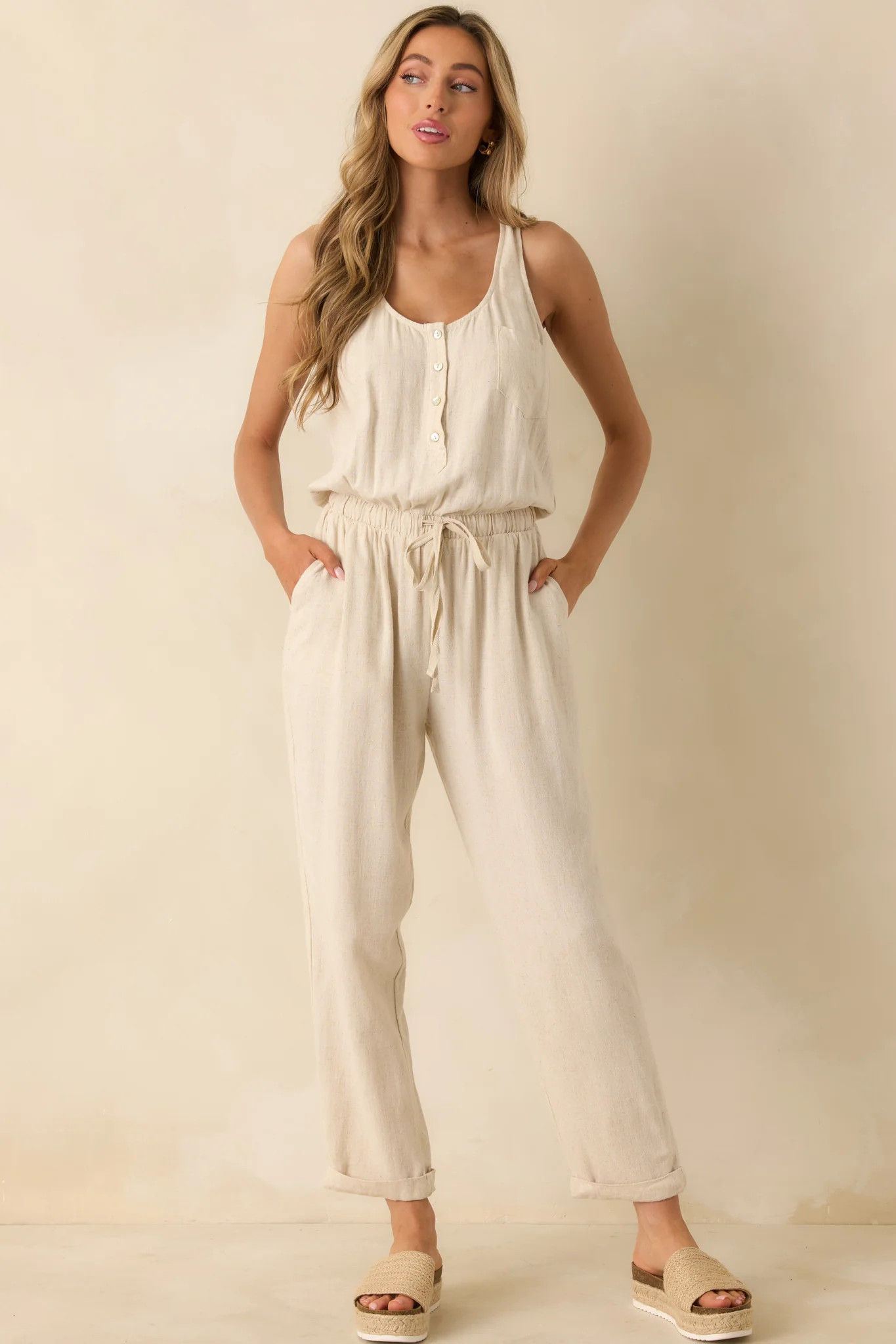 Anywhere And Everywhere Natural Linen Blend Sleeveless Jumpsuit | Red Dress