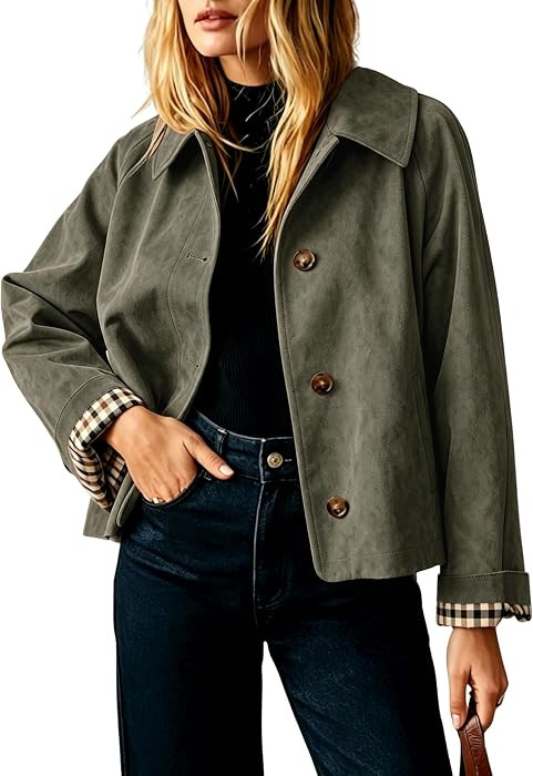 Women's Faux Suede Cropped Plaid Lining Trench Coat | Amazon (US)
