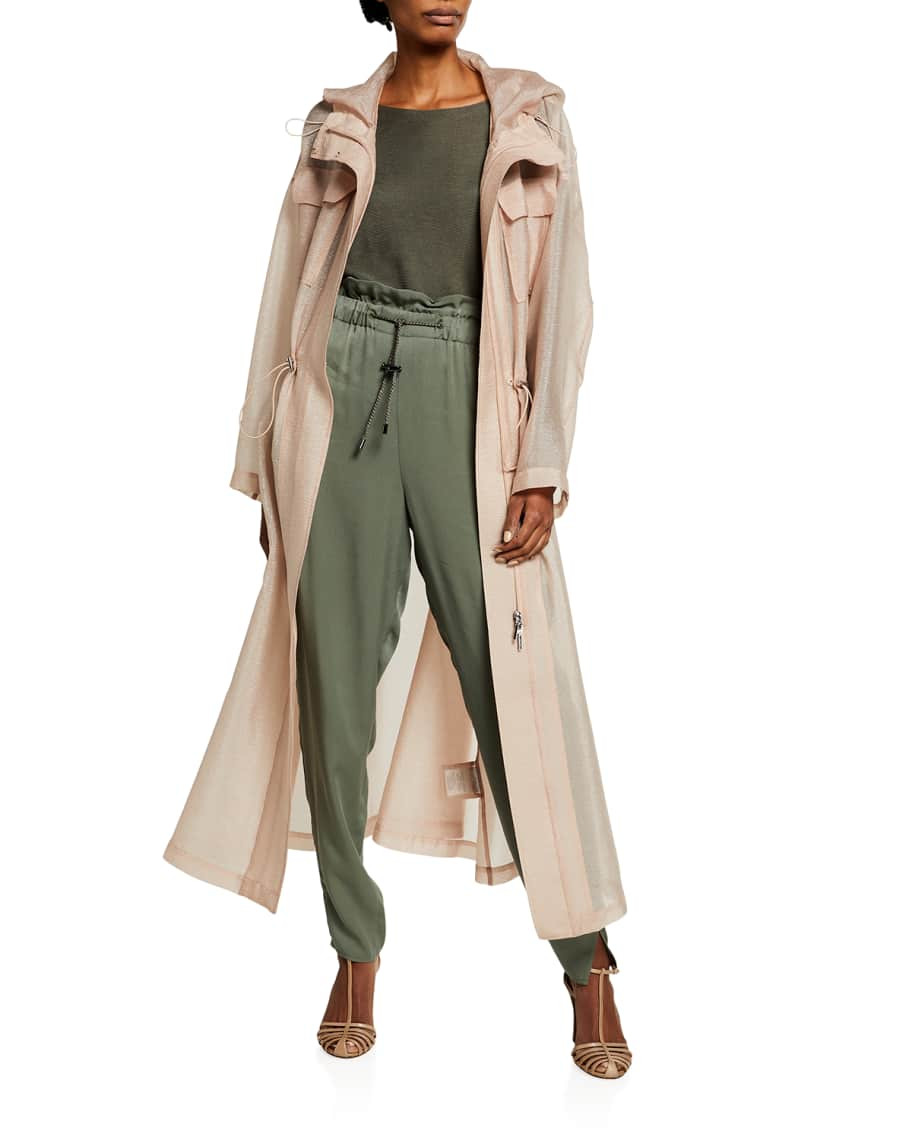 Techno Crinkle Chiffon Hooded Trench Coat | Neiman Marcus