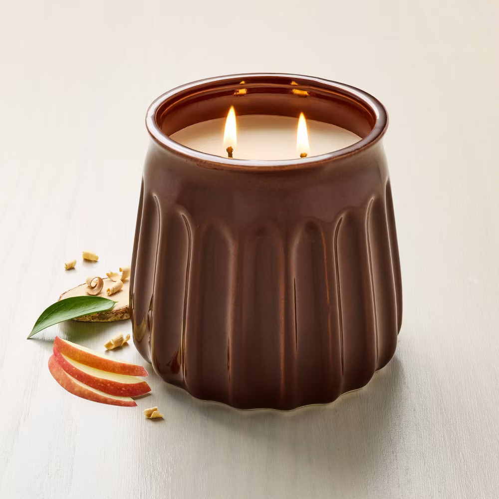 2-Wick Fluted Ceramic Smoked Apple Cider Glazed Jar Candle Burgundy 20oz - Hearth & Hand™ with ... | Target