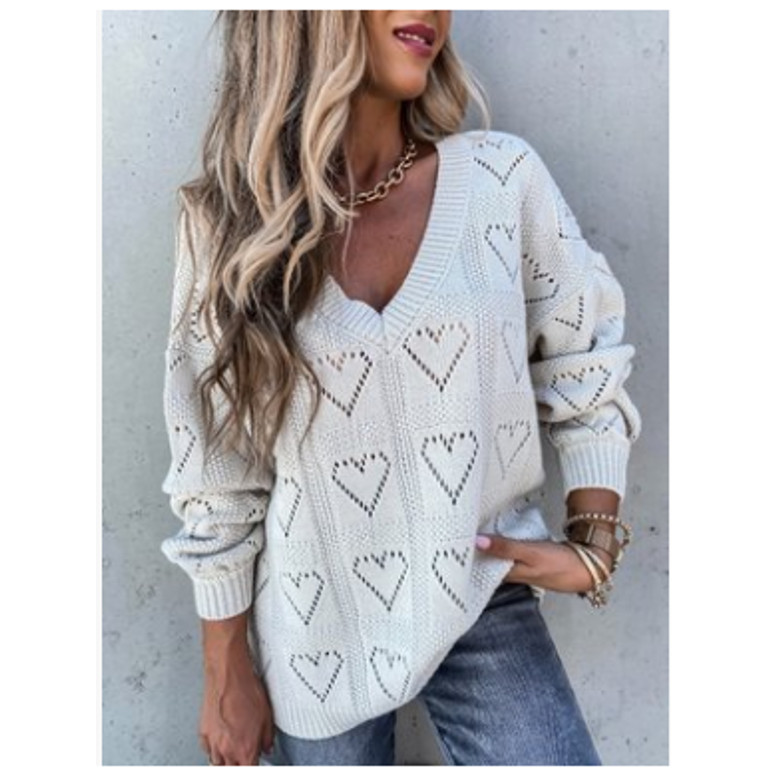 Puloru Women V Neck Long Sleeve Hollow Out Heart Shape Ribbed Knitted Sweaters | Walmart (US)