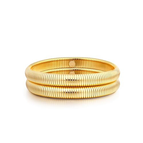 Badu Gold Bangle Filled Bracelets for Women Stretchy Stainless steel Link Chain Flexible water proof Bracelets (8mm wide, 7.0 inches long) | Amazon (US)