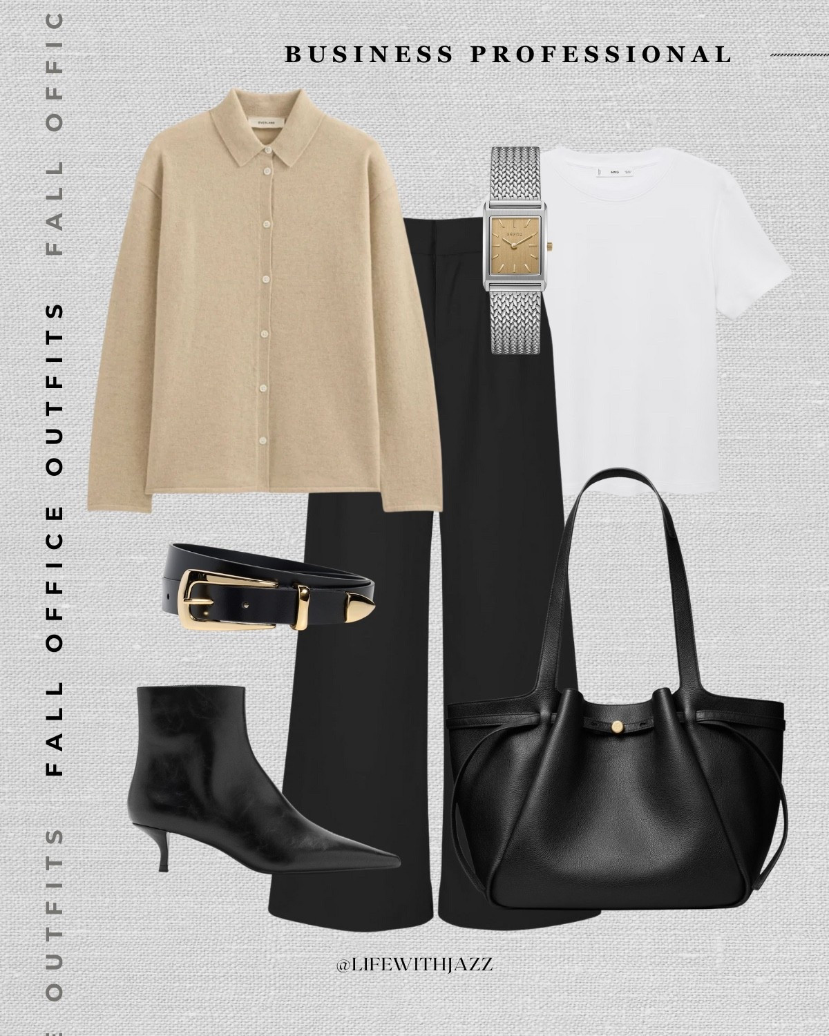 fall office outfit

cashmere button up/ black wide leg trousers / kitten heel boots/ tory burch leather tote bag /  breda minimal wrist watch / business professional/ workwear 

 

#LTKSeasonal #LTKStyleTip #LTKWorkwear