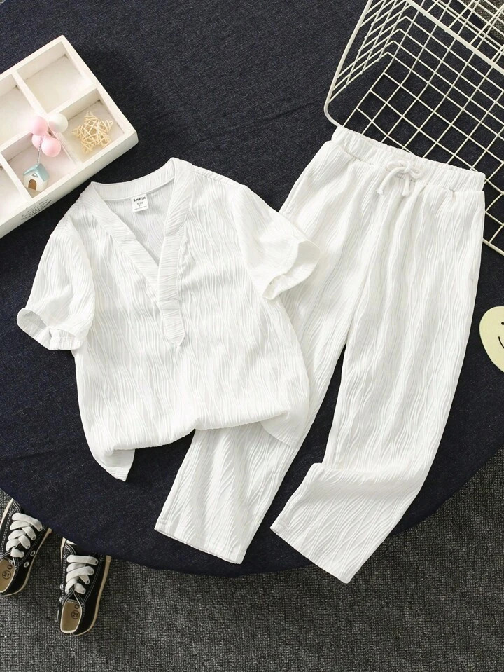 SHEIN 2pcs/Set Young Boys' Casual & College Style Comfortable Simple Practical Texture Fabric V-N... | SHEIN