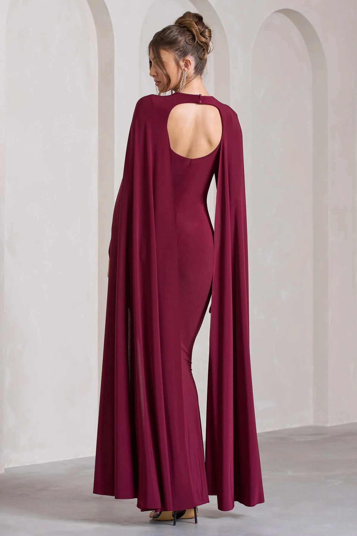 Standing Ovation | Burgundy Plunge-Neck Cape Maxi Dress | Club L London