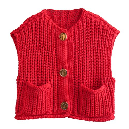 Womens Sleeveless Crop Knit Cardigan Casual Button Down Cropped Knitted Sweater Vest with Pockets | Amazon (US)